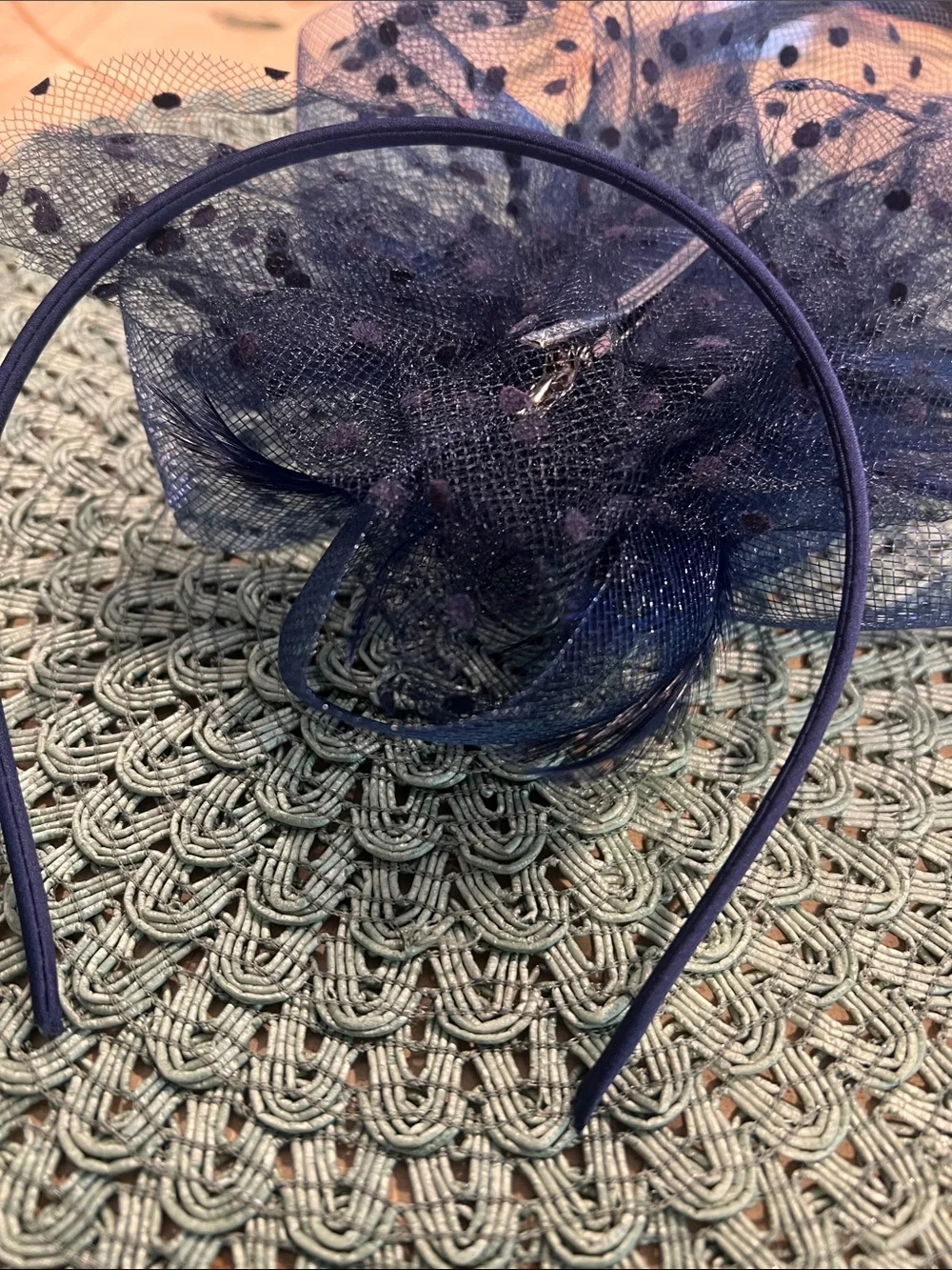 NWOT Elegant Navy Floral Fascinator Headband with Beaded Accents.